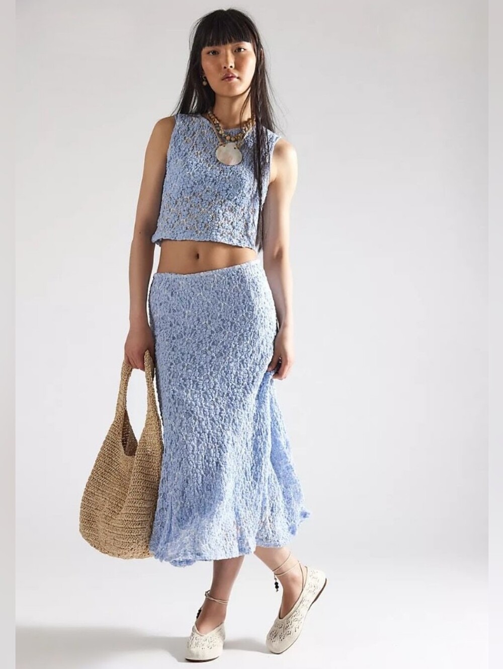 Free People XS Blue Lace Knit Crop Top & Midi Skirt Set Boho Cottagecore